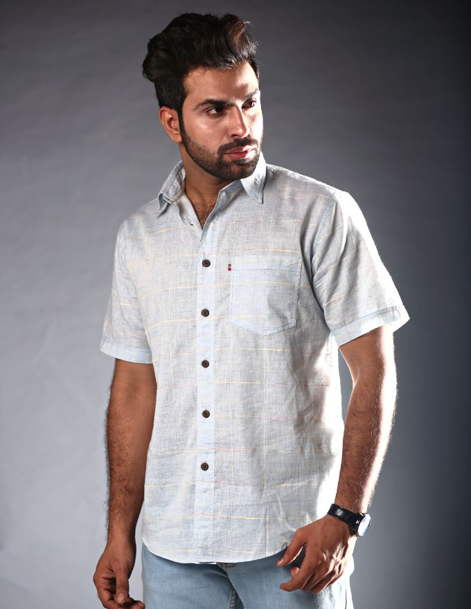 Light Blue Check Pattern Irish Linen Shirt
