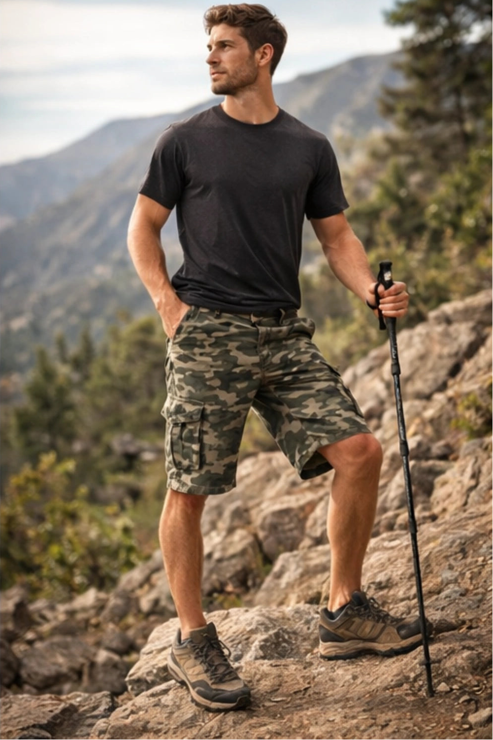 Man in hiking attire with a trekking pole on a mountain trail