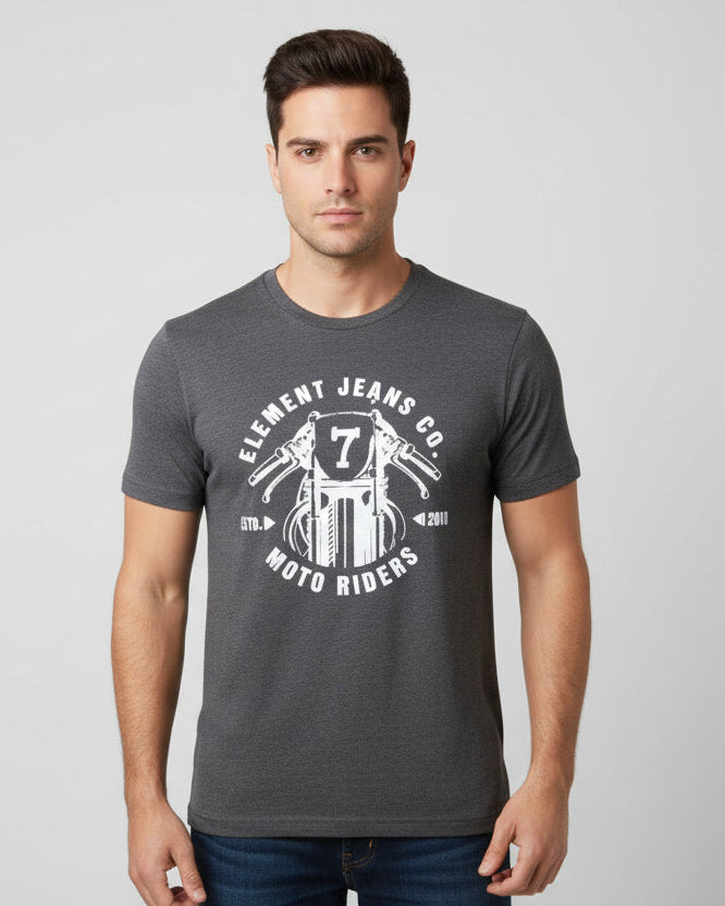 Gray t-shirt with white graphic and text on a mannequin