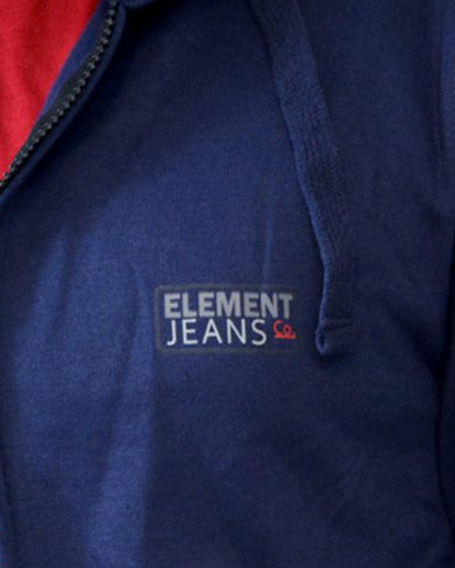 Close-up of a blue hoodie with 'Element Jeans' logo