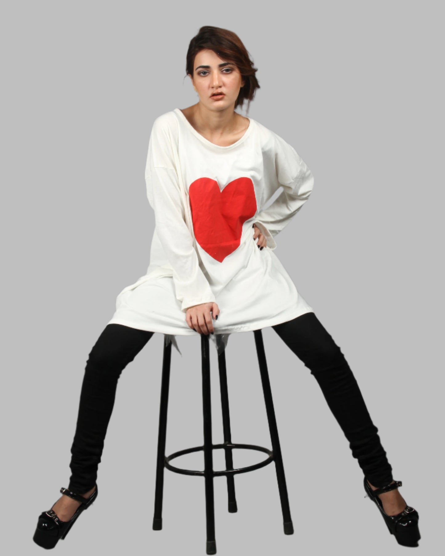 A comfortable long sleeve french terry Top with Red heart print. I