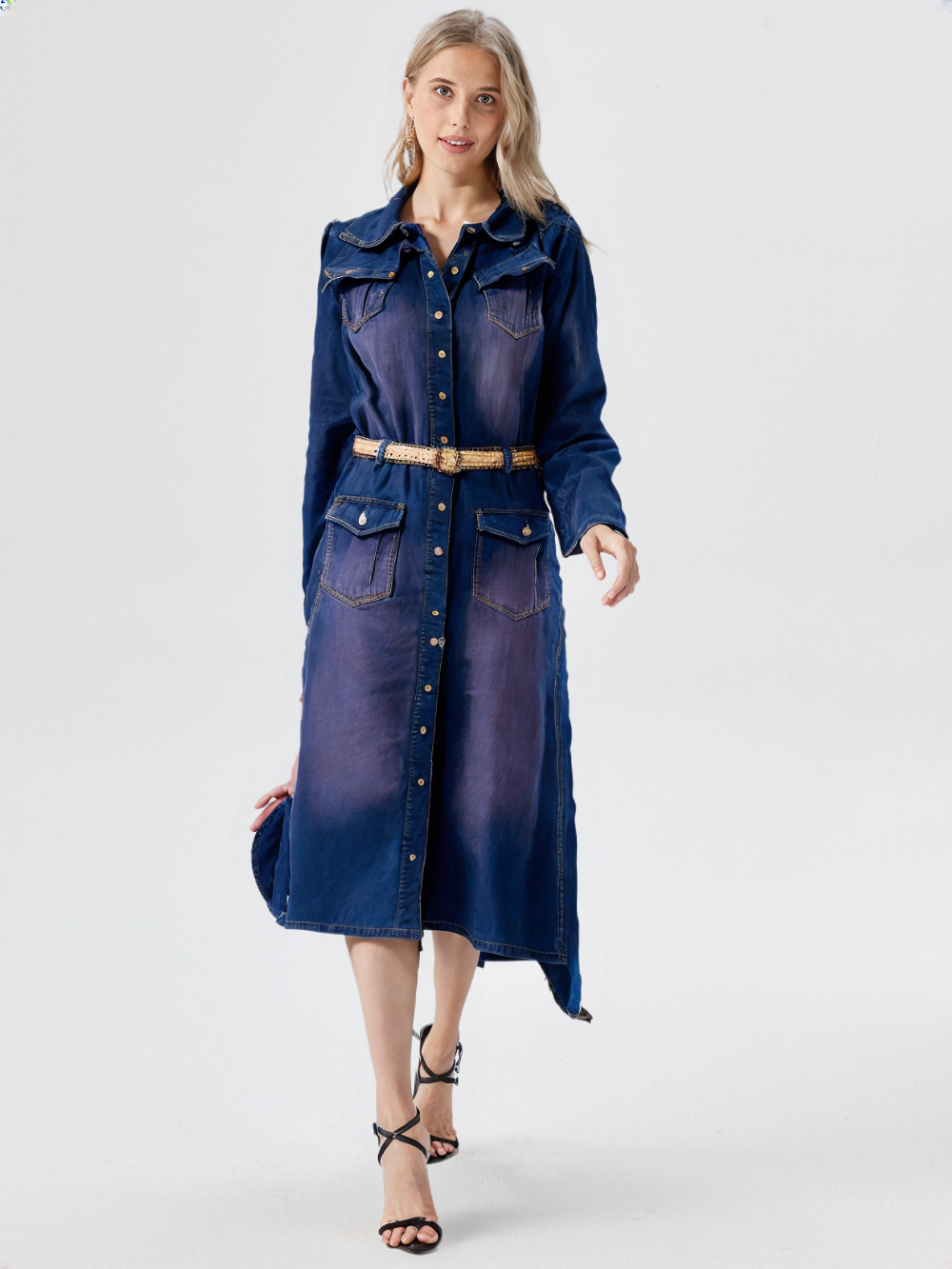 Denim mid-length long-sleeve skirt