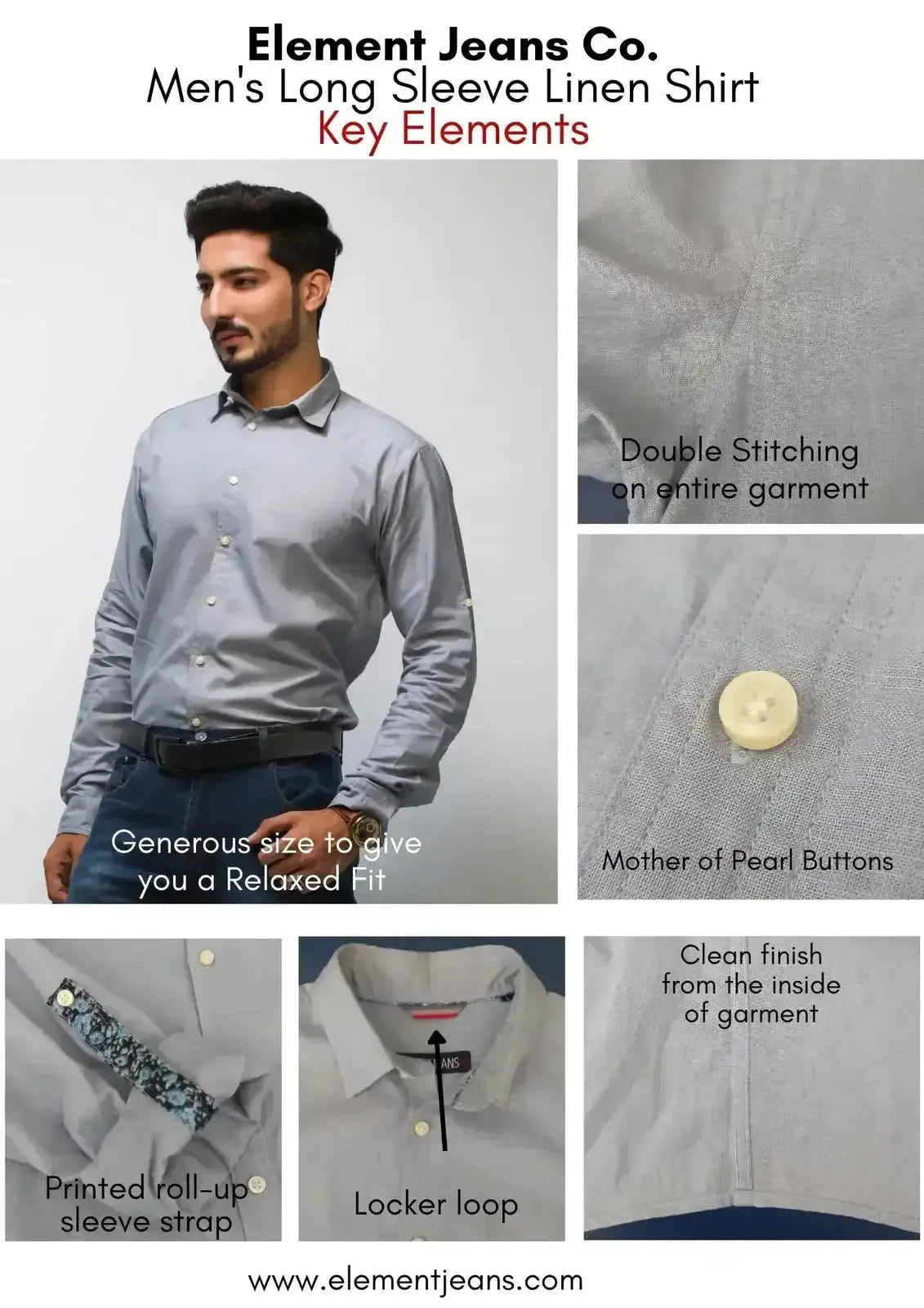 Men's long sleeve linen shirt with key features highlighted