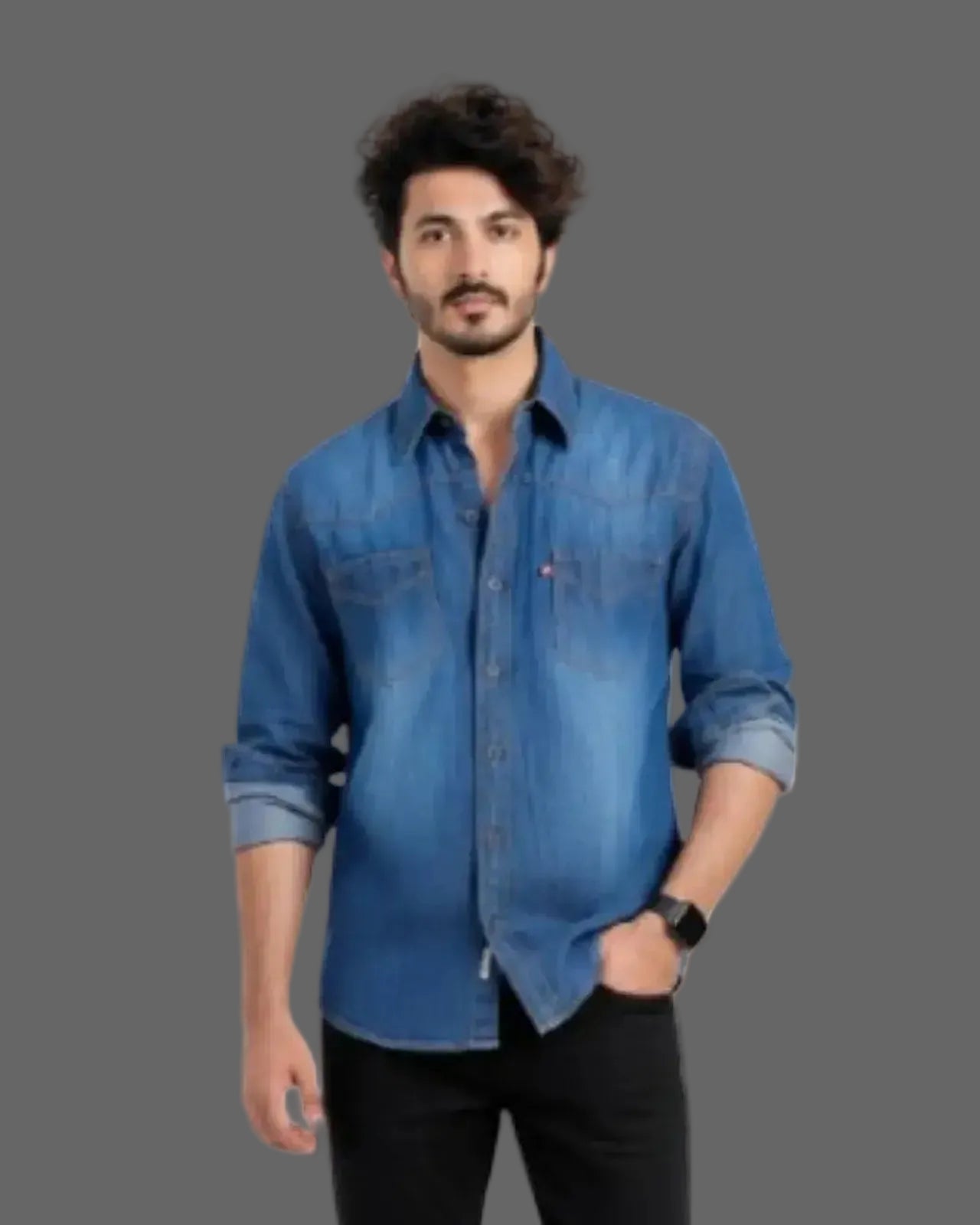 Man wearing a blue denim shirt on a white background