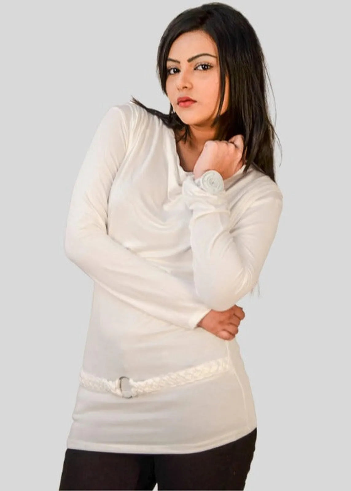 Off White Long Sleeve Women’s Cowl Neck Top – Elegant & Timeless