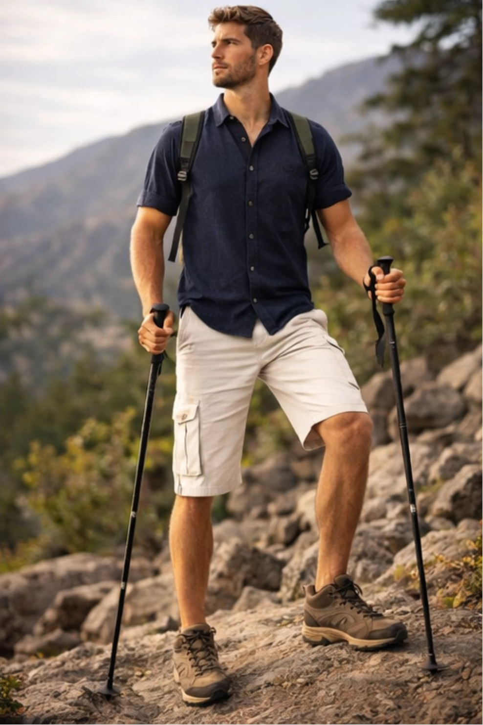 Man hiking on a mountain trail with trekking poles and a backpack.
