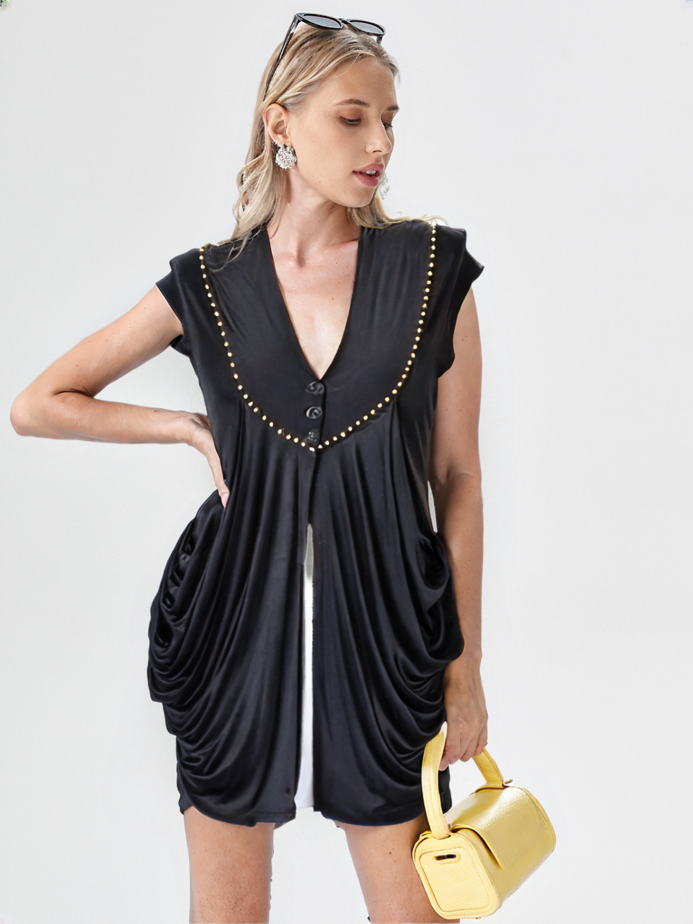 Grey beaded modified baby doll style knit top