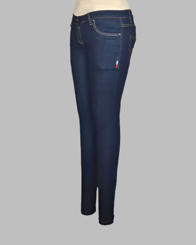 Blue Mid Rise Power Stretch Skinny Jeans with Gold Stitching