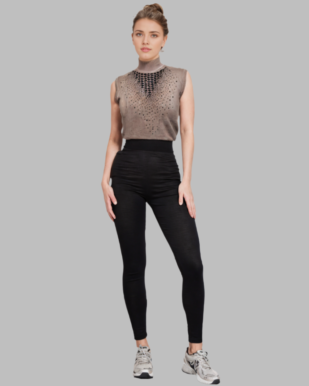 Beige sleeveless turtle neck sweater with embellishment