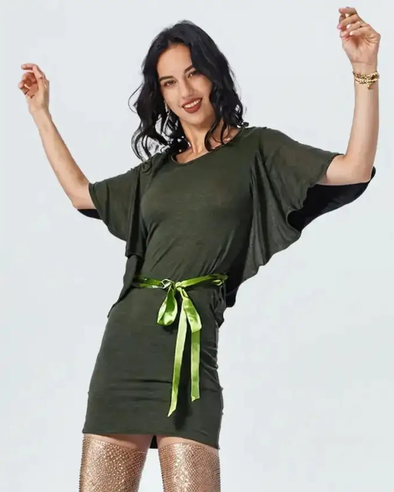 Elegant Round Neck Poncho Sleeve Knit Top with Satin Waistband Tie-Up