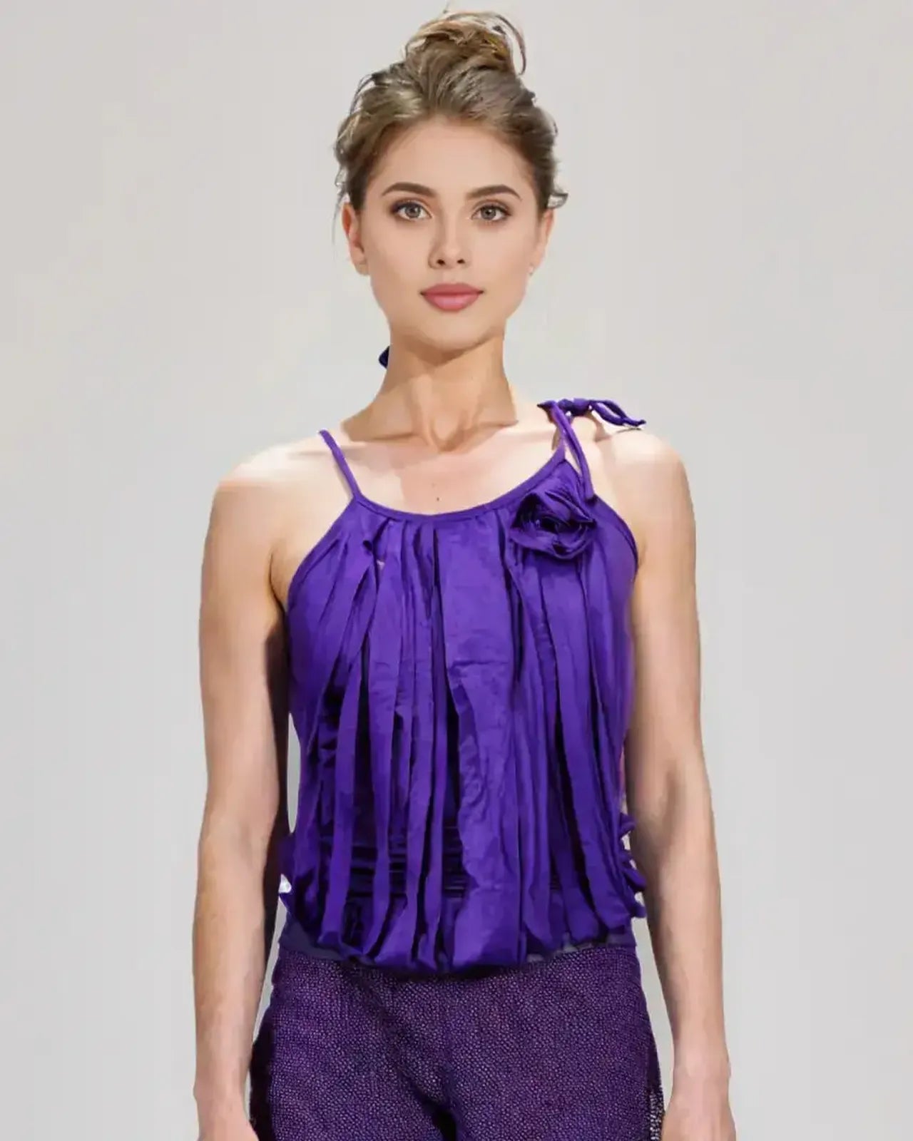 Purple Spaghetti Strap Tie-Up Tank Top with Fabric Flower