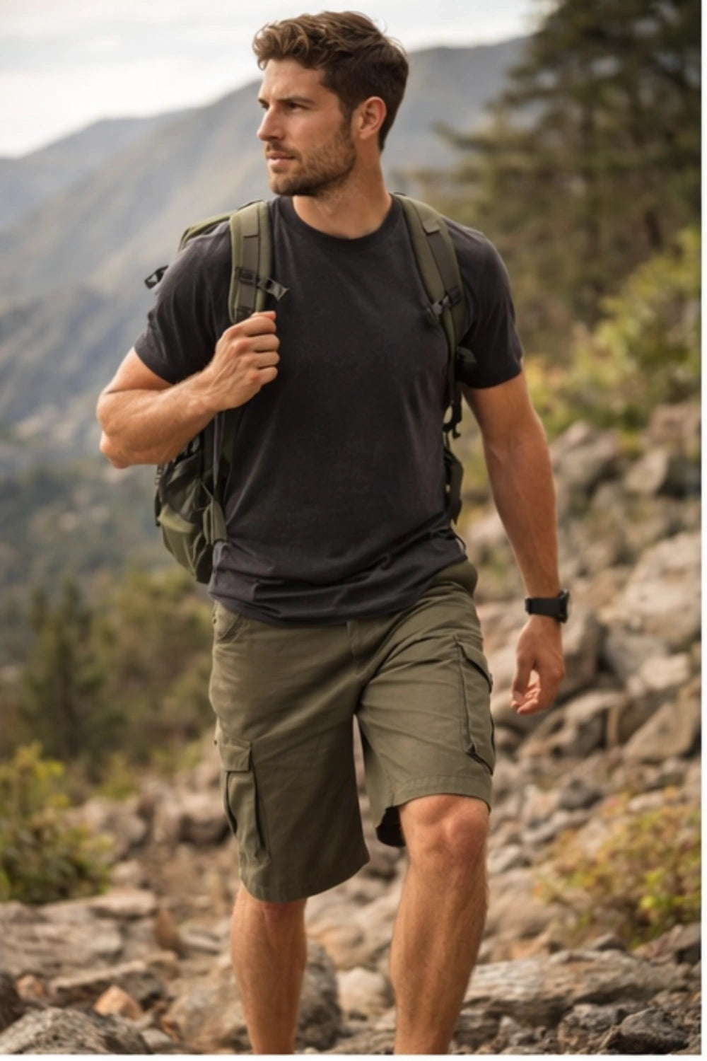 Olive Color Twill Cargo Shorts
