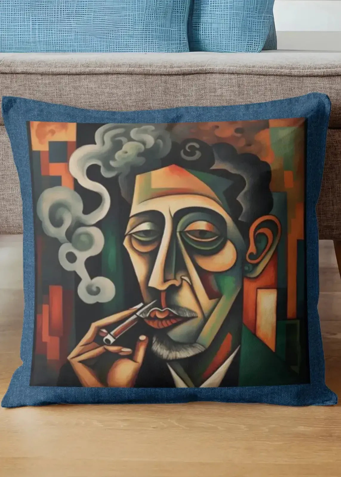Decorative pillow with a stylized face design on a couch