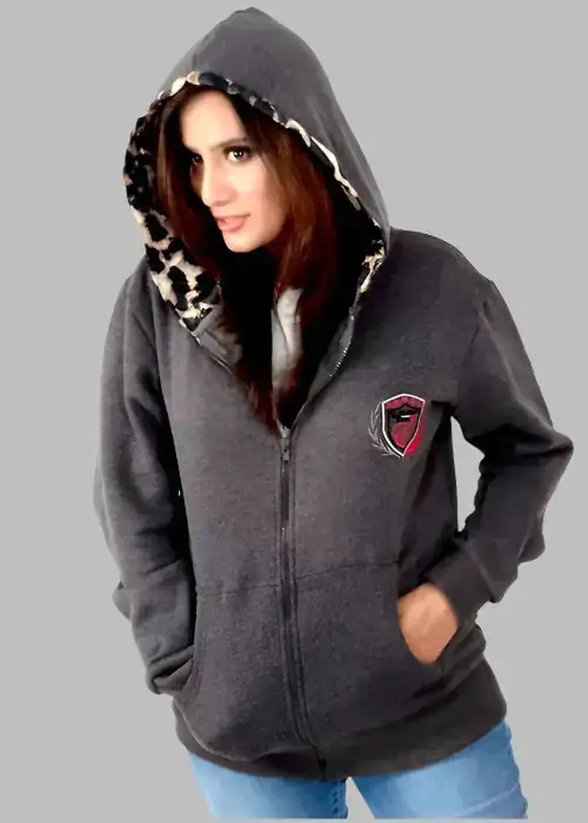 Charcoal Heather Hoodie with Animal Printed