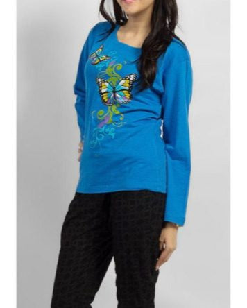 Sky Blue Cotton Knitted Butterfly Printed Crew Neck Full Sleeve T-Shirt