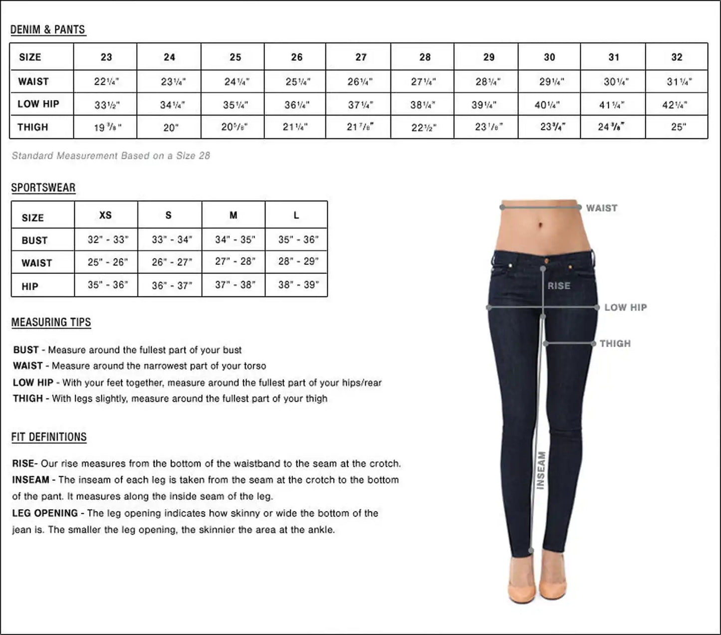 Measurement chart for denim and pants with size chart and clothing fit information.