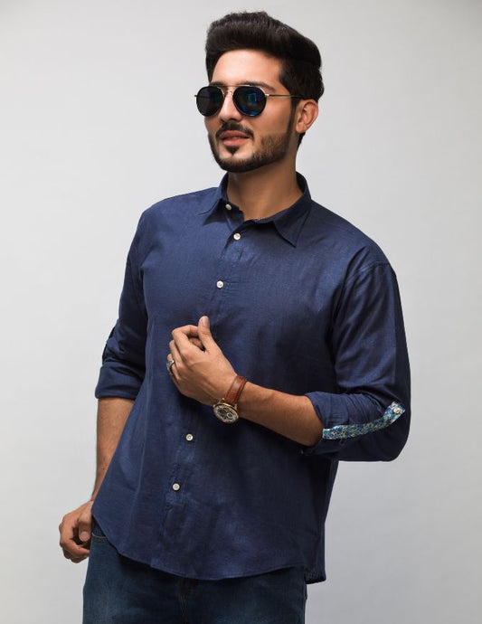 Navy Blue Men’s Long Sleeve Linen Shirt