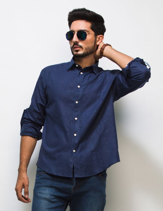 Navy Blue Men’s Long Sleeve Linen Shirt