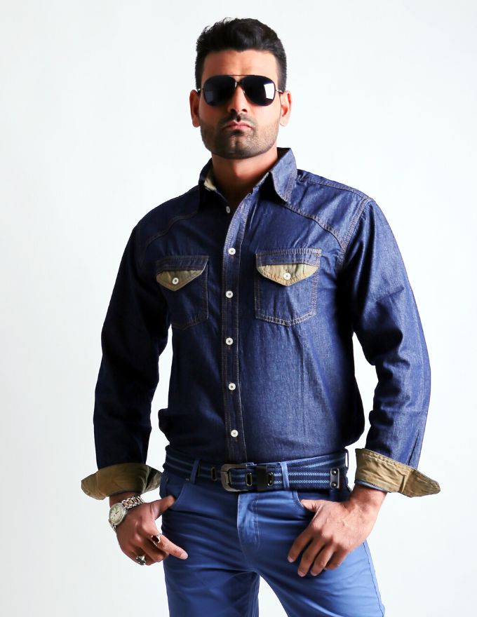 Men’s Denim Shirt with Sued Trim