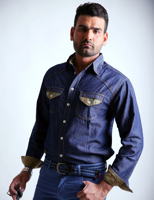 Men’s Denim Shirt with Sued Trim