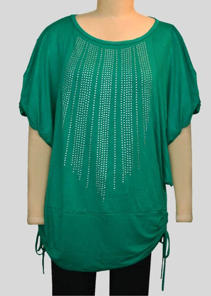 Crystal Hotfix Rhinestone-Embellished Green Top with Waist Drawstring