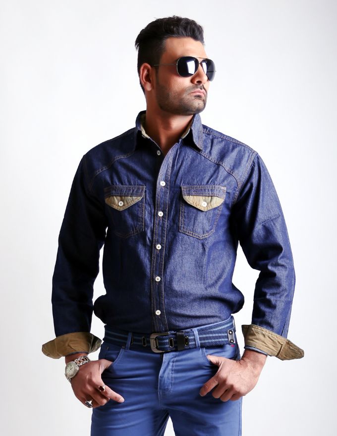 Men’s Denim Shirt with Sued Trim