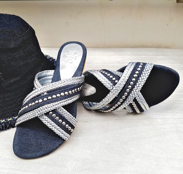 Denim Sandals with silver braid & studs