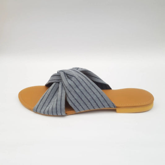 Stripe Denim cross loop Sandals with tan insole