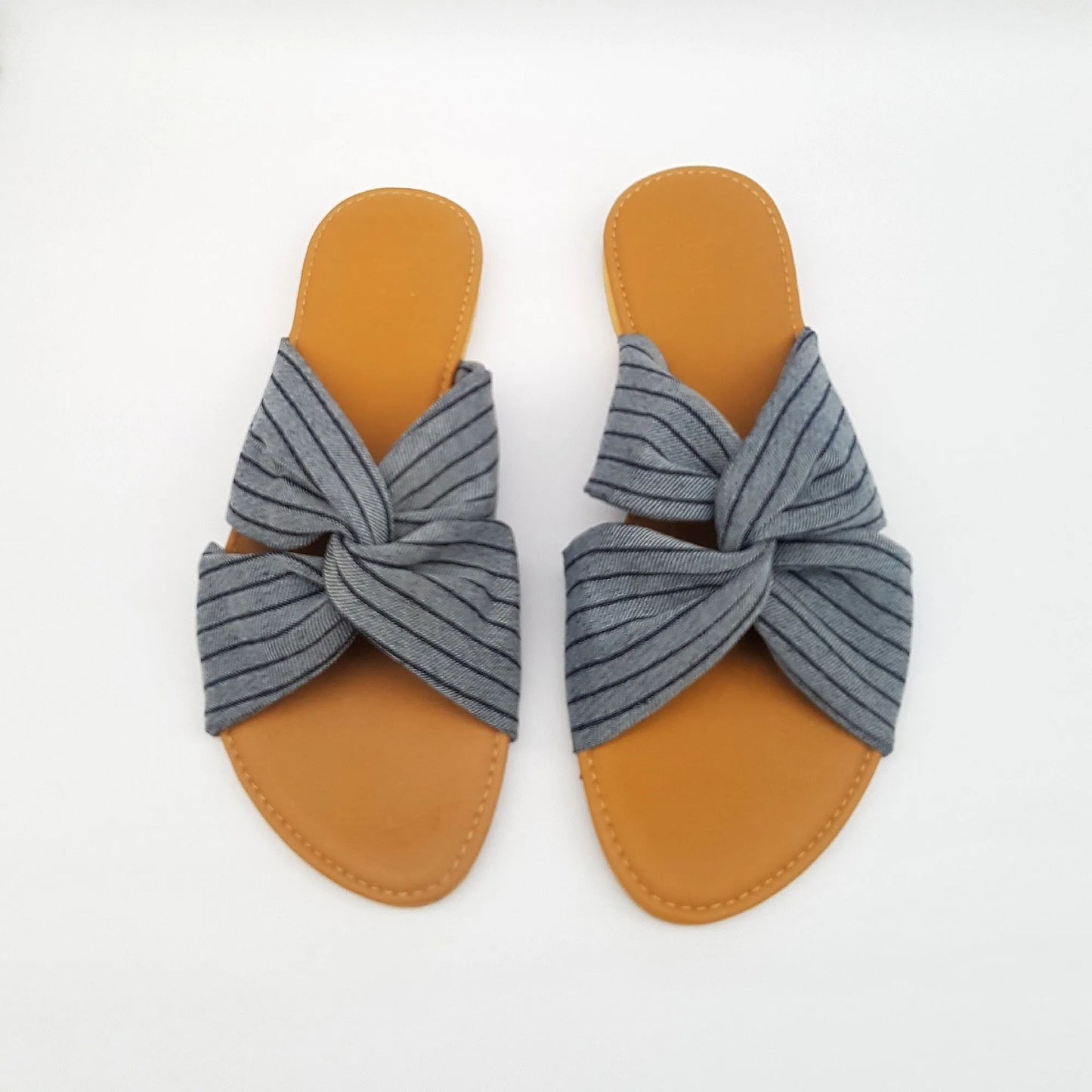 Stripe Denim cross loop Sandals with tan insole