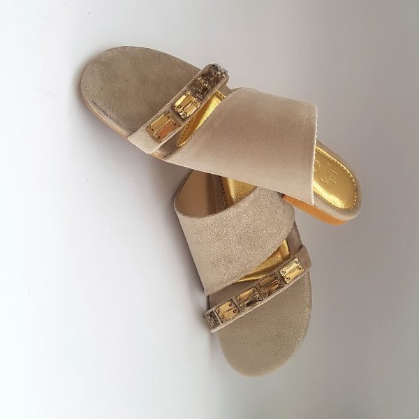 Beige Velvet Flat Shoes With Stone Embellishment