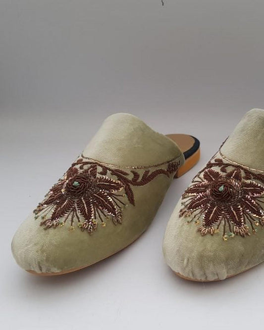 Fawn Velvet Mule Shoes with brown embroidery