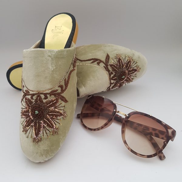 Fawn Velvet Mule Shoes with brown embroidery