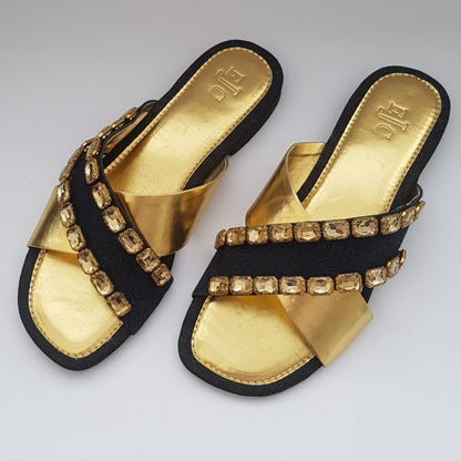 Gold & Denim Flat Slippers with Crystal embellishment