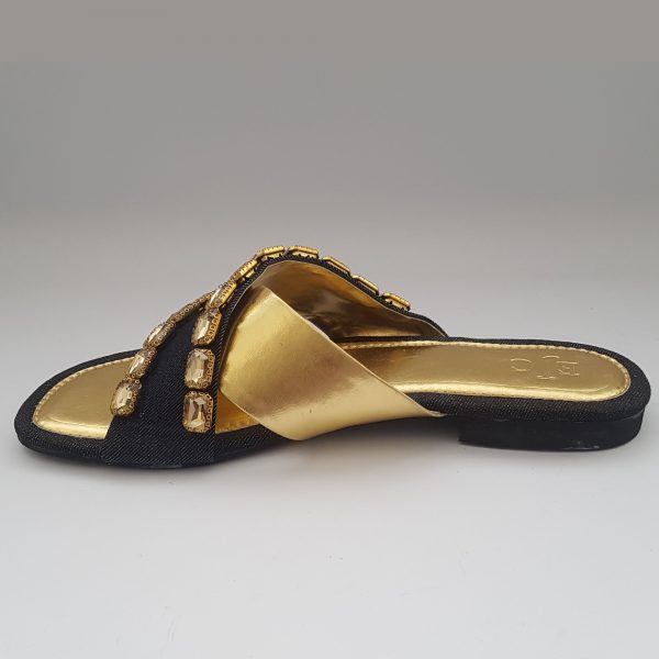 Gold & Denim Flat Slippers with Crystal embellishment