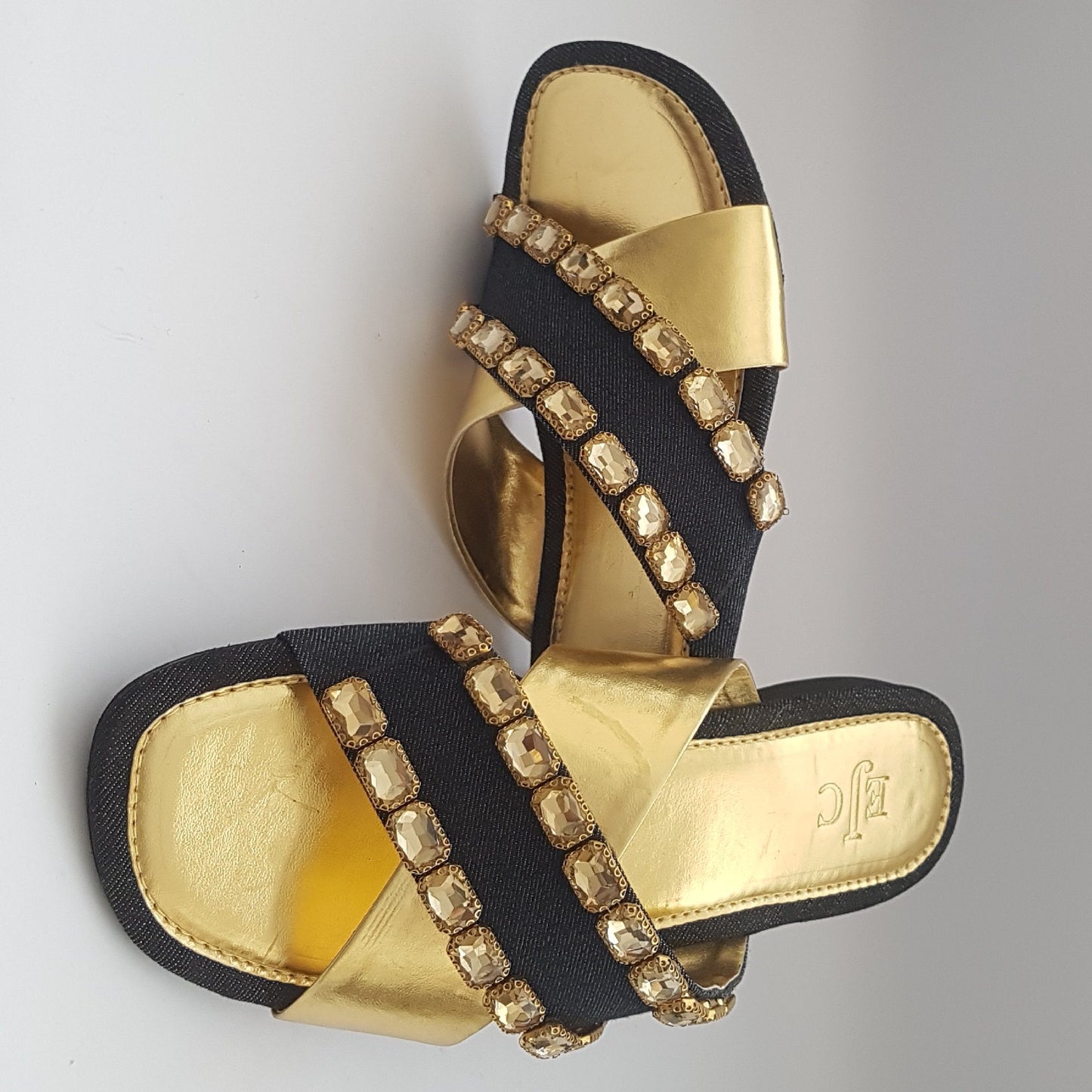 Gold & Denim Flat Slippers with Crystal embellishment