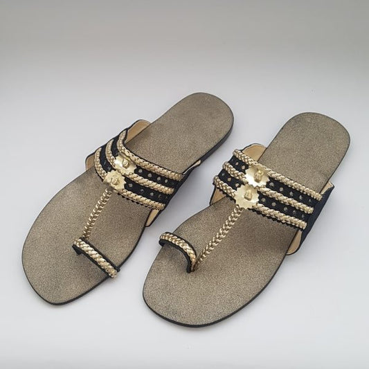 Gold & Black Kolapuri with glittering sole