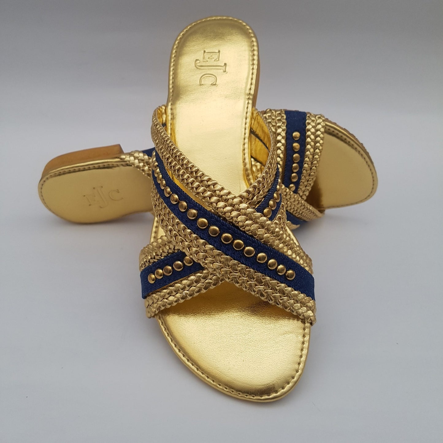 Denim Sandals with golden braid and studs