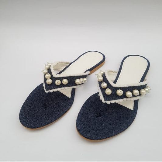 Denim Flip flop with Lace & Pearls embellishment