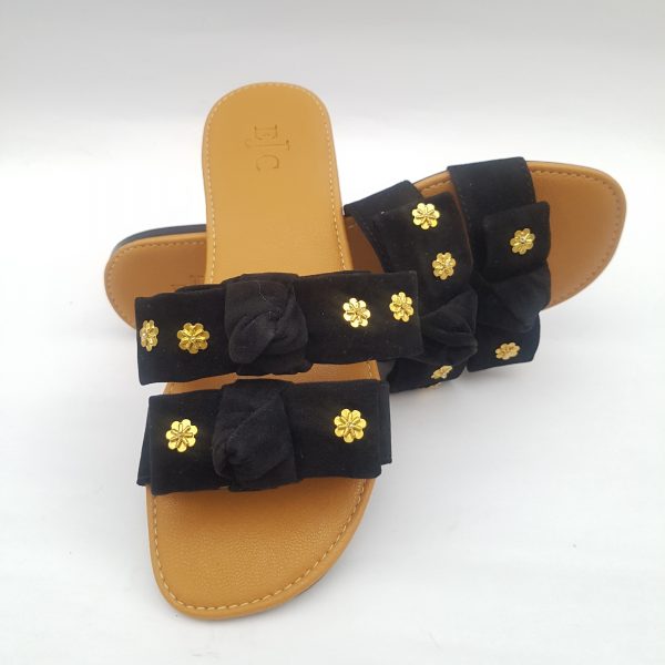 Slip on Sandals with black velvet bow and tan Sole