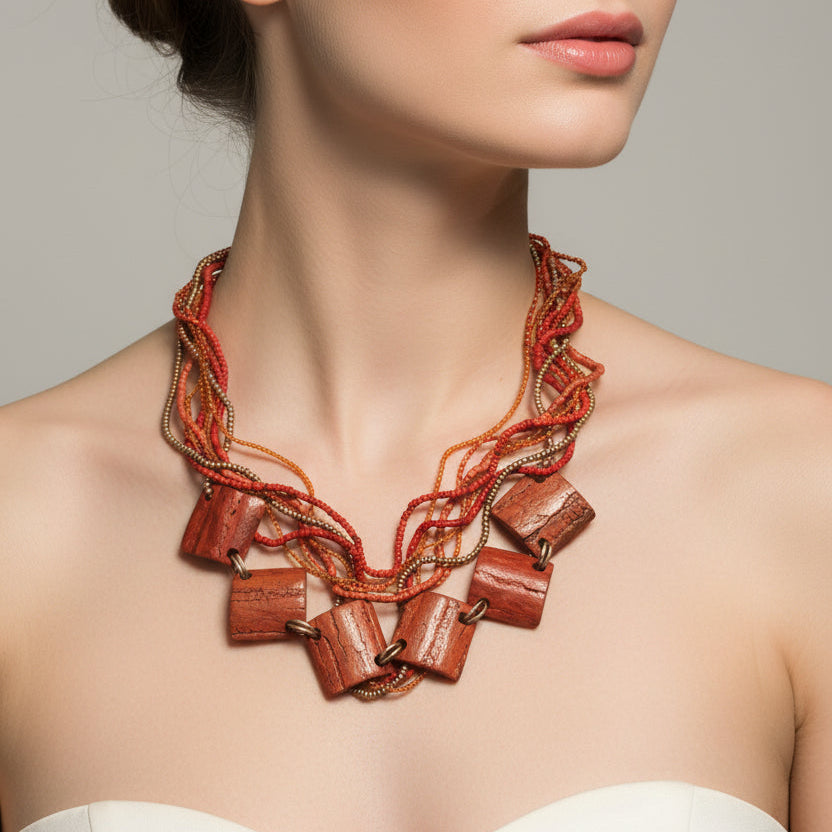 Necklace with red beads and wooden accents on a light background