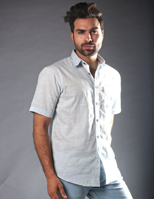 Light Blue Check Pattern Irish Linen Shirt