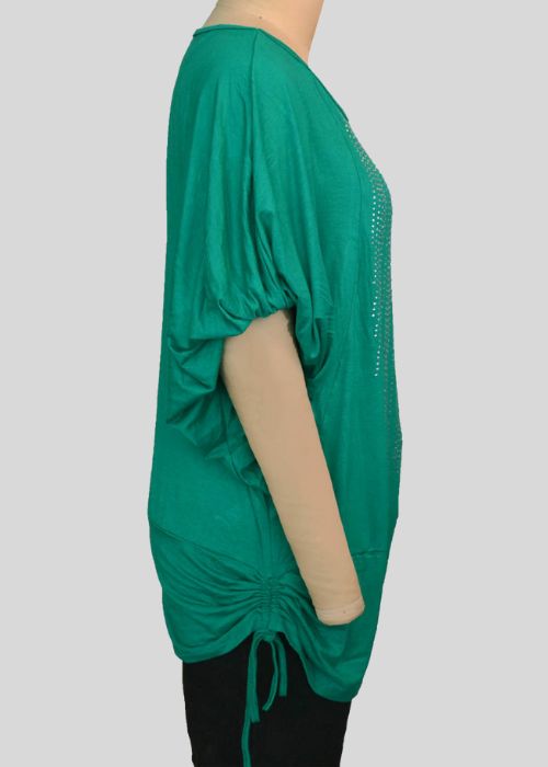 Crystal Hotfix Rhinestone-Embellished Green Top with Waist Drawstring