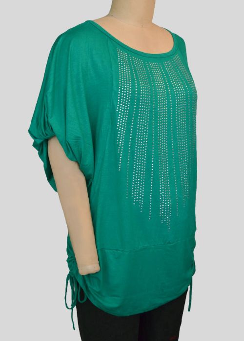 Crystal Hotfix Rhinestone-Embellished Green Top with Waist Drawstring