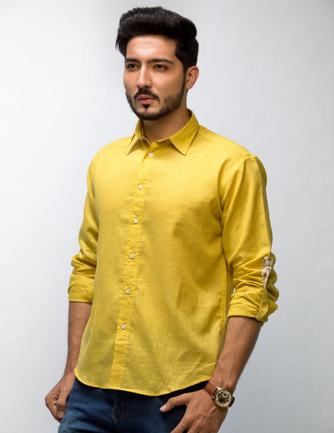 Lemon Curry Color Long Sleeve Linen Shirt