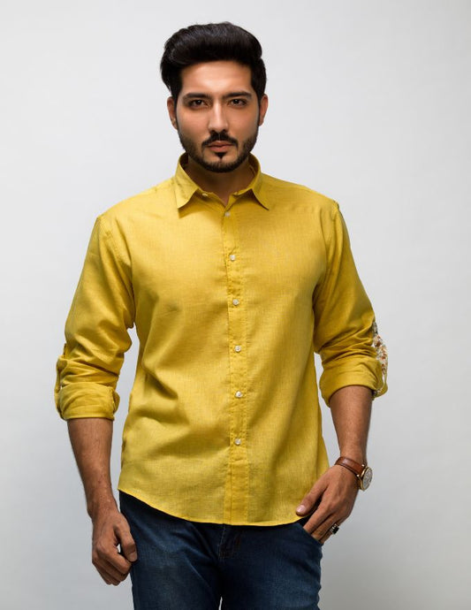 Lemon Curry Color Long Sleeve Linen Shirt