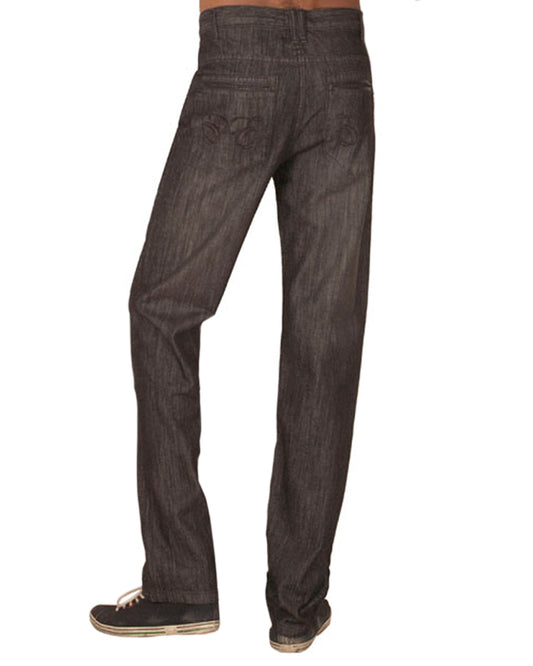 Black Straight Leg Raw Denim Jeans With Leather Trims