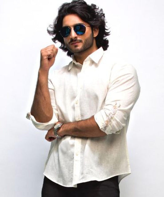 White Men’s Long Sleeve Linen Shirt