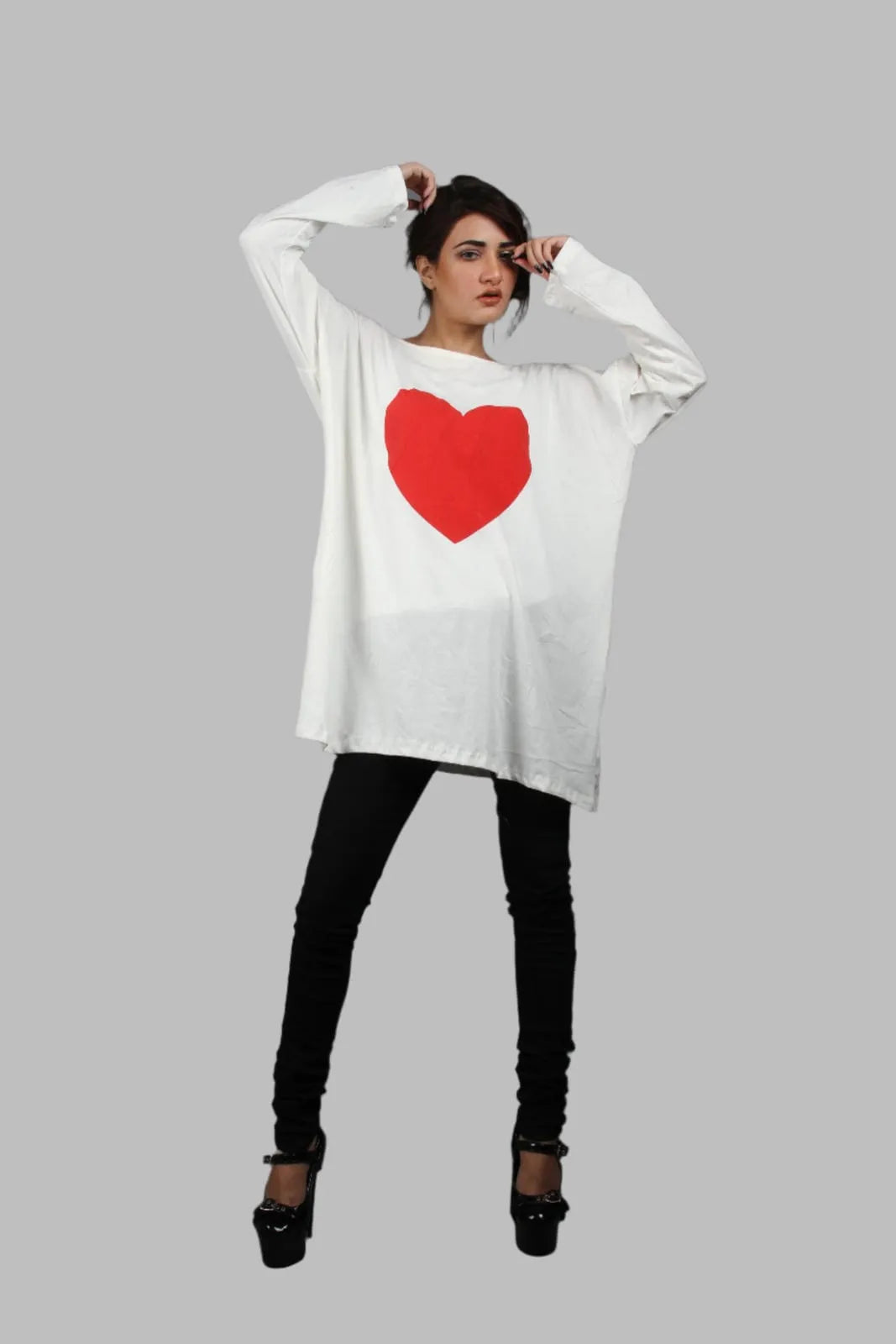 A comfortable long sleeve french terry Top with Red heart print.   I