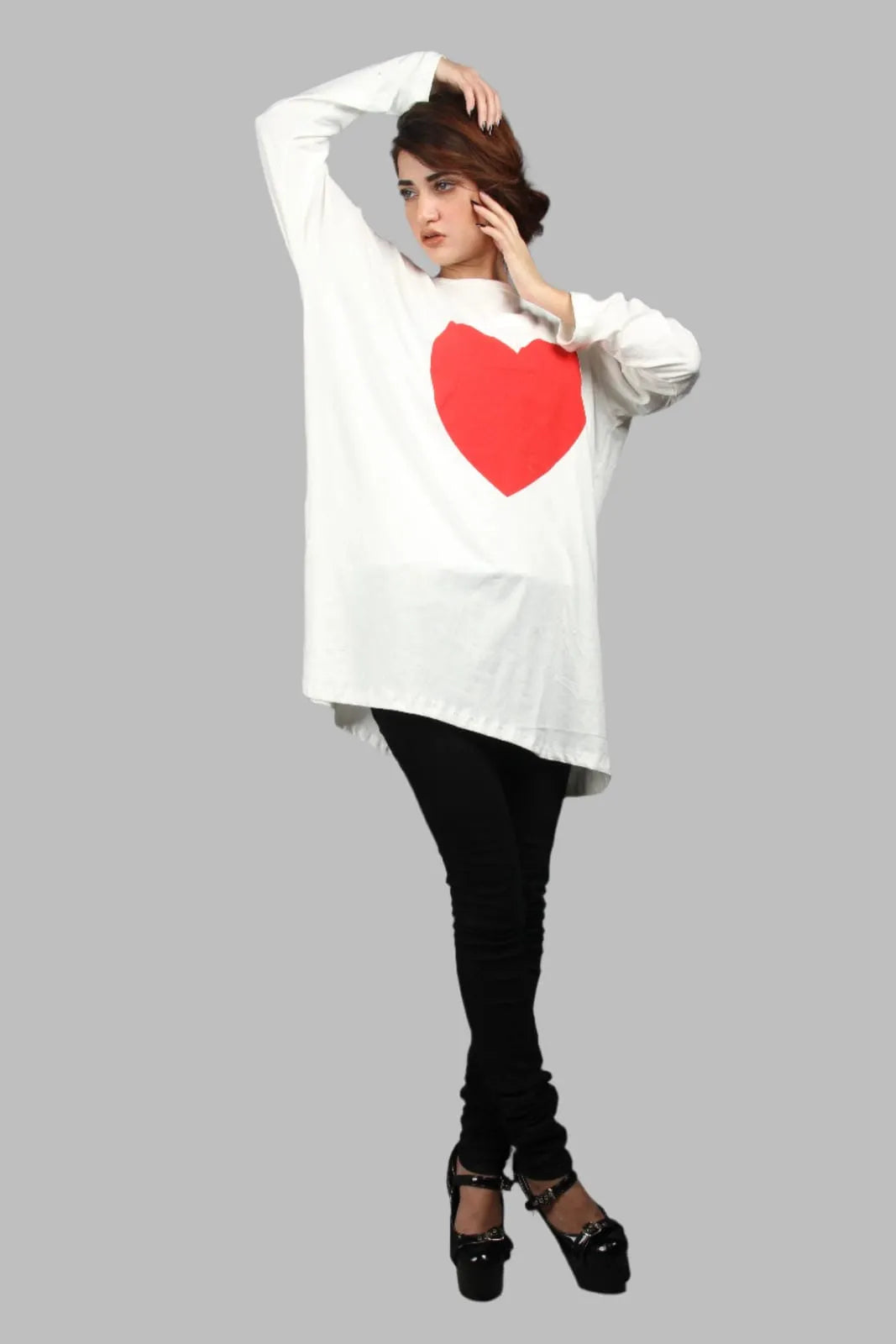 A comfortable long sleeve french terry Top with Red heart print.   I