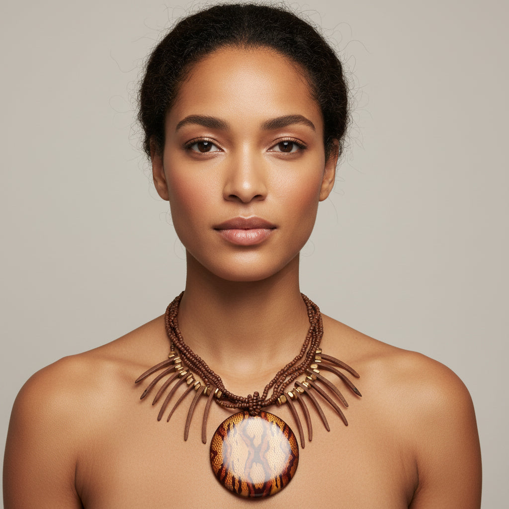 Necklace with a round, tiger-patterned pendant on a white background